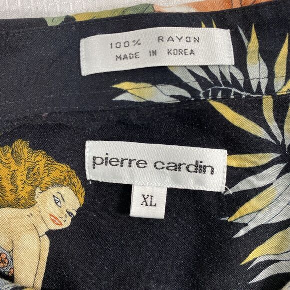 Pierre Cardin Hawaiian Shirt Mens XL Black Tropical Floral Sexy Lady Button Down - Picture 4 of 9